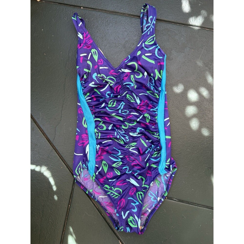 Vintage Maxine of Hollywood Neon 1980s One-Piece Swimsuit Bathing Slimming Sz 12